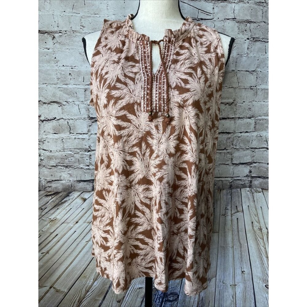 J Jill Bellisima Tasseled Tank Top Tropical Brown Sleeveless Boho Size S